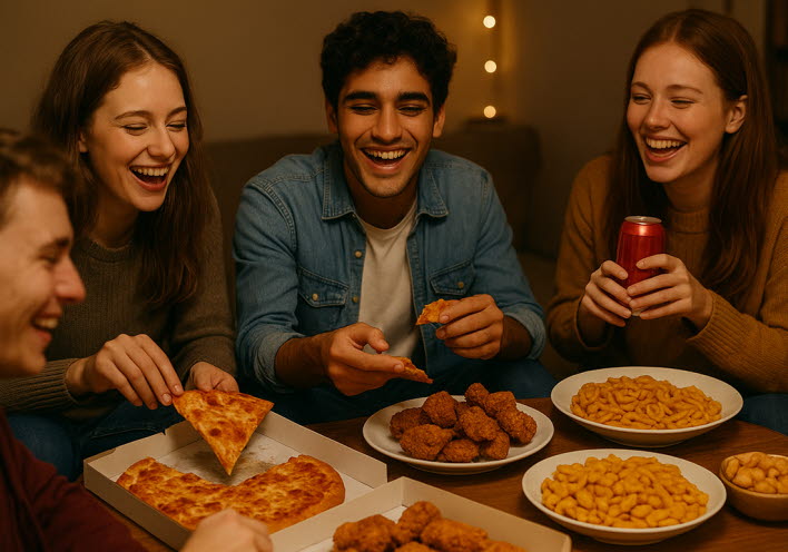 Några ungdomar sitter vid bordet, äter pizza tillsammans och skrattar. AI-genererad bild.