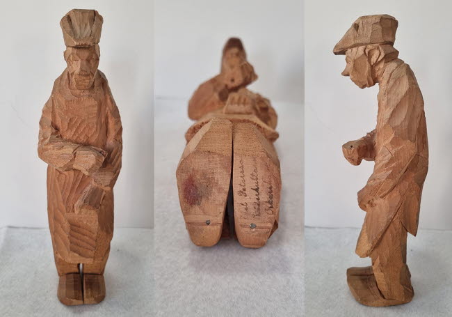 Gubben - skulptur av Döderhultarn, visad ur flera vinklar.