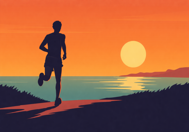 En illustrerad person som springer i solnedgången