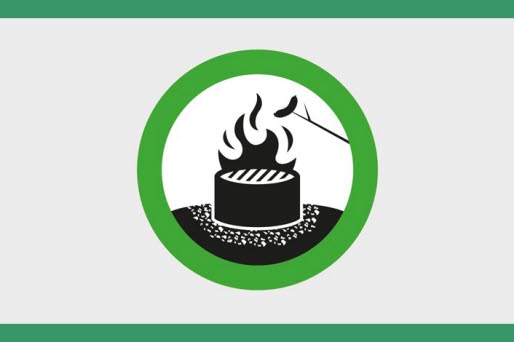 Symbol för eldningsförbud upphör: en grön ram med en tecknad grill som brinner. 