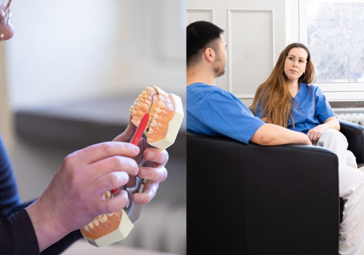 Den vänstra delen av bilden visar en närbild på händer som håller i en tandprotes. Den högra delen av bilden visar två personer i sjuksköterskekläder sitta och prata med varandra.