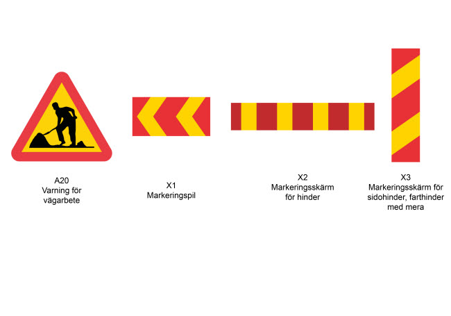 Vägmäken A20, X1, X2 och X3 uppradade bredvid varandra.