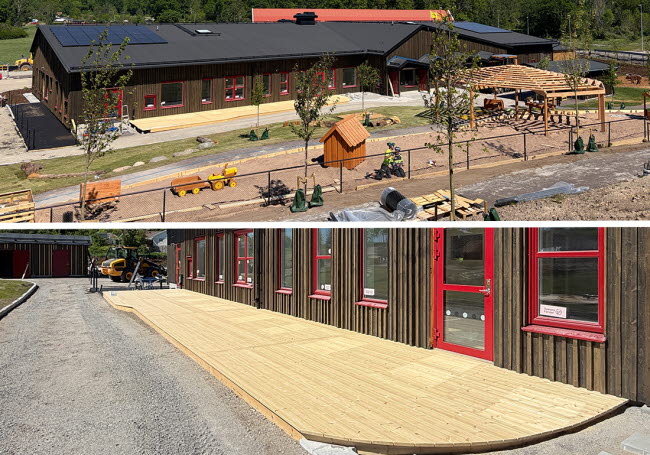 Översta delen visar en översiktsbild över den nya föskolan, där man kan se lekplatserna runt förskolan. Nedre bilden visar altanen intill huset.