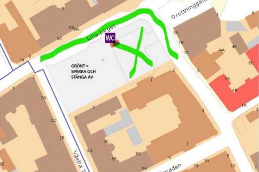 Karta som visar avspärrning av gator runt Lilla torget.