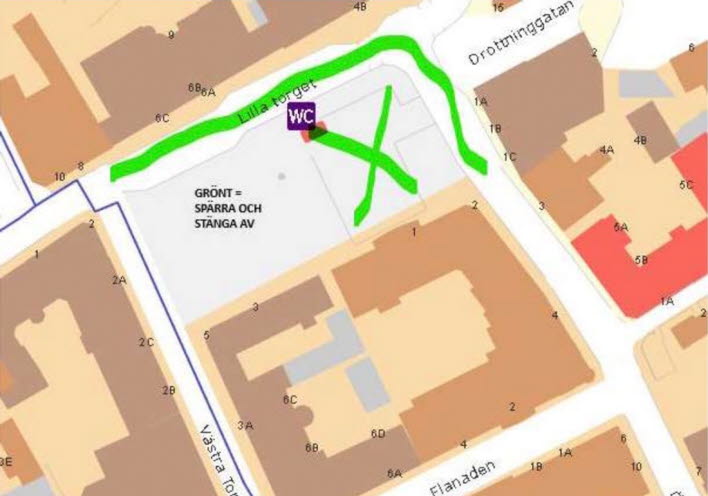 Karta som visar avspärrning av gator runt Lilla torget.