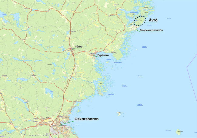 Karta över Ävrö i förhållande till Oskarshamn.