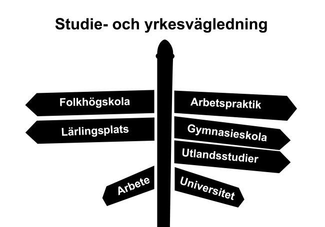 Illustration av en stolpe med vägvisningspilar som det står Folkhögskola, Lärlingsplats, Arbete, Arbetspraktik, Gymnasieskola, Utlandsstudier och Universitet på.