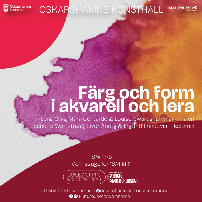 Utställningen Färg och Form som arrangeras av Oskarshamns Konstförening.
Vernissage 18 april kl. 11.00.
Utställningsperiod är 18 april-17 maj