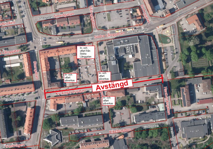 Kata med utmarkerad del där Kyrkogårdsgatan är avstängd.