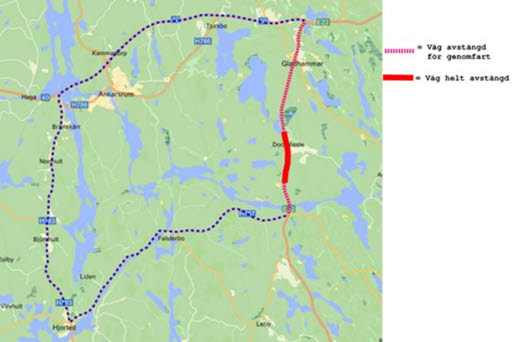 Karta över omledningen av trafiken på E22 mellan Bälö och Gladhammar.