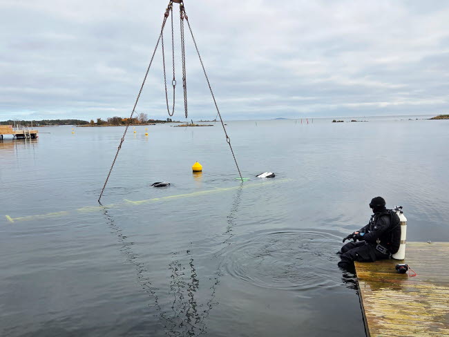 Koggen nedsänkt i havet och dykare simmar omkring.