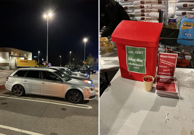 Bildkollage som visar parkerade epor till vänster och en röd röstnings-låda till höger i bild.