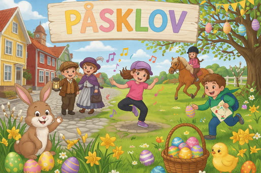 Illustration som visar aktiviteter ur påsklovsprogrammet: skattjakt, stadsvandring, ridning och dans.