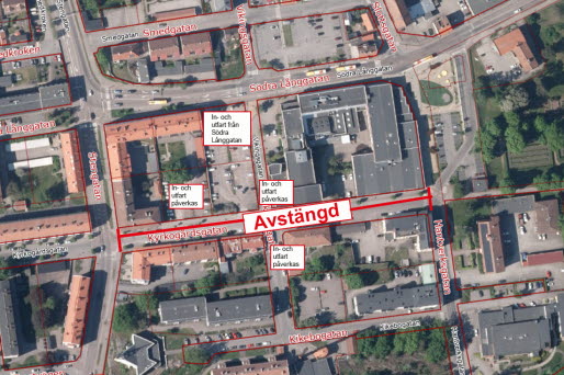 Kata med utmarkerad del där Kyrkogårdsgatan är avstängd.