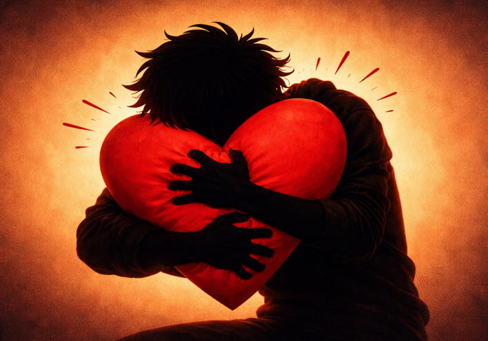 En siluett kramar ett stort rött hjärta jättehårt.