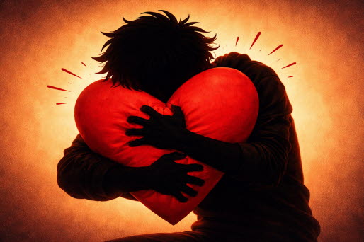 En siluett kramar ett stort rött hjärta jättehårt.