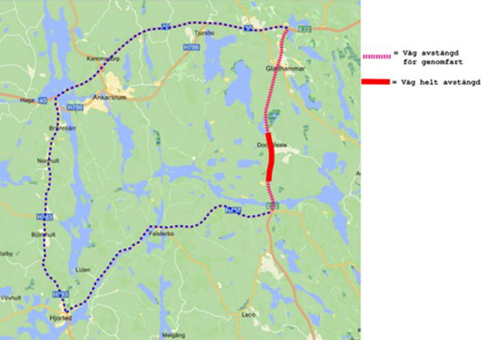 Karta över omledningen av trafiken på E22 mellan Bälö och Gladhammar.