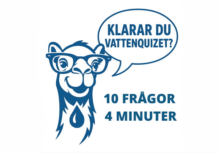 En illustrerad kamel med pratbubbla där det står: Klarar du vattenquizet?