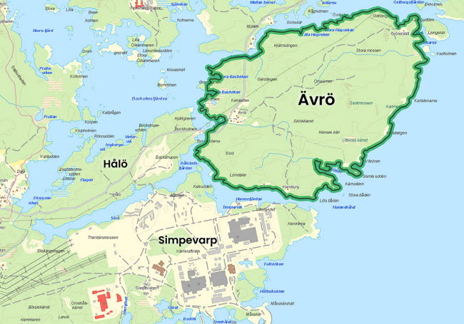 Karta över Ävrö, med Ävrö markerat i grönt.