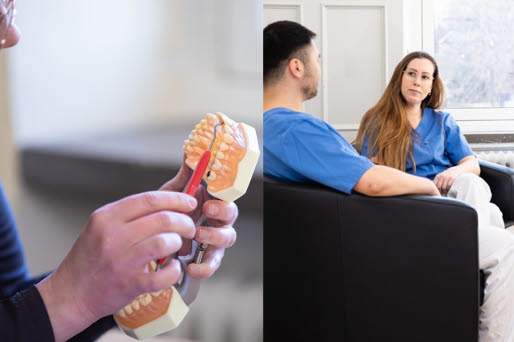 Den vänstra delen av bilden visar en närbild på händer som håller i en tandprotes. Den högra delen av bilden visar två personer i sjuksköterskekläder sitta och prata med varandra.