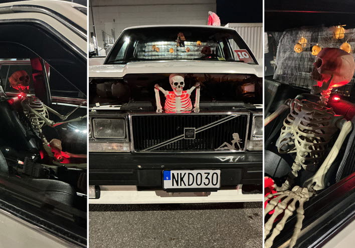 Bildkollage med en halloween-skelett placerad på olika ställen i en epa..