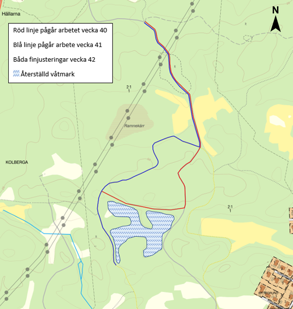 Karta över arbetsområdet i Havslätts friluftsområde. Kartan visar det område som återställs till våtmark samt motionsslingan där arbeten utförs under vecka 40–42. Röda och blå linjer visar arbetsområden för vecka 40 respektive 41. Under vecka 42 pågår finjusteringar för båda områden. Ett område fylld med streckade linjer visar återställd våtmark. En norrpil finns uppe till höger.