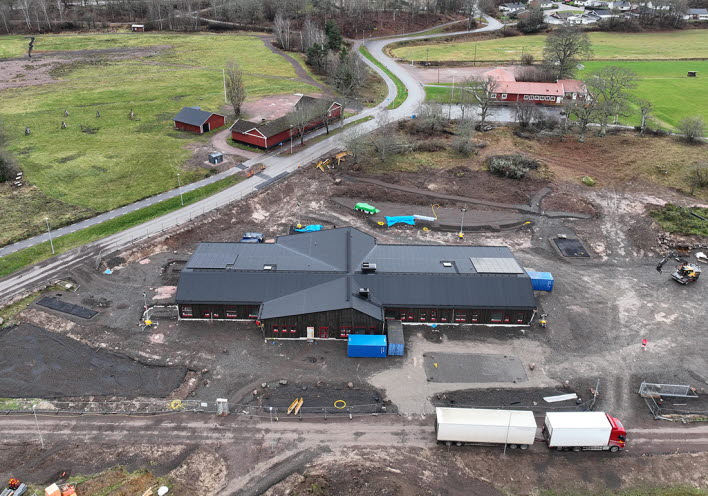 Drönarbild över bygget av Ekängens förskola.