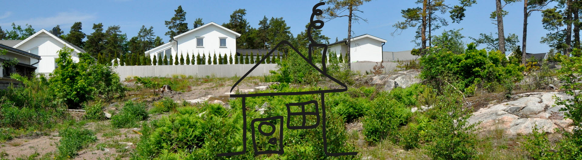 Villaområde med ett skissat hus i förgrunden.