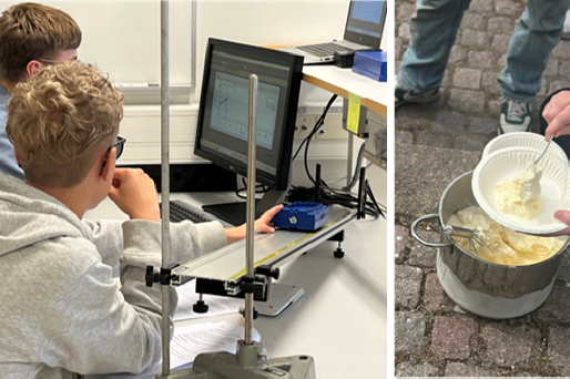 Bildkollage som visar några elever sitta tillsammans och jobba framför en dator. Man ser också en del av ett laboration.
