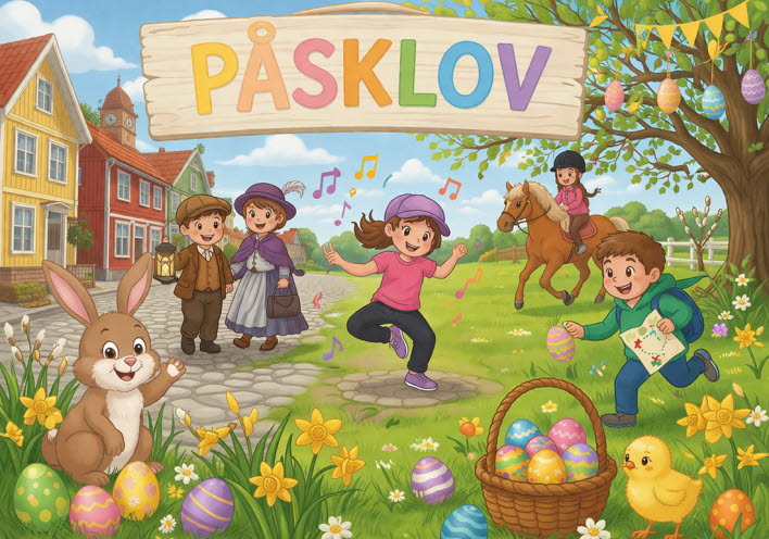 Illustration som visar aktiviteter ur påsklovsprogrammet: skattjakt, stadsvandring, ridning och dans.